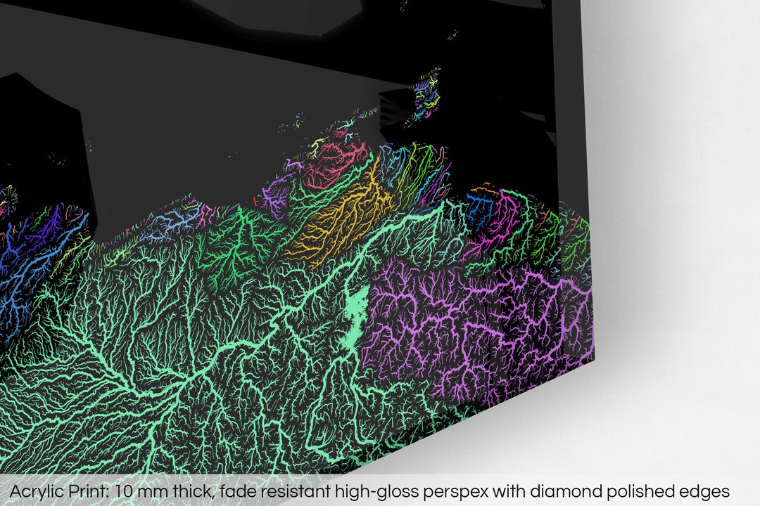 Closeup of an acrylic panel's corner, the details of a Grasshopper Geography map is visible. The text at the bottom reads: Acrylic print - 10 mm thick, fade reistant high-gloss perspex with diamond polished edges.