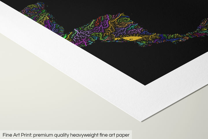 Closeup of a fine art print's corner lying on a flat surface, the details of a Grasshopper Geography map is visible. The text at the bottom reads: Fine art print - premium quality heavyweight fine art paper.