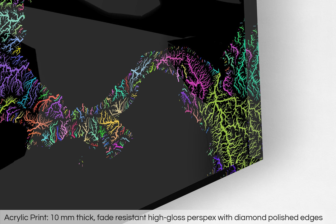 Closeup of an acrylic panel's corner, the details of a Grasshopper Geography map is visible. The text at the bottom reads: Acrylic print - 10 mm thick, fade reistant high-gloss perspex with diamond polished edges.