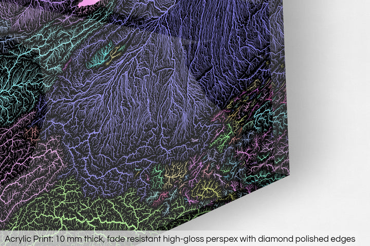 Closeup of an acrylic panel's corner, the details of a Grasshopper Geography map is visible. The text at the bottom reads: Acrylic print - 10 mm thick, fade reistant high-gloss perspex with diamond polished edges.