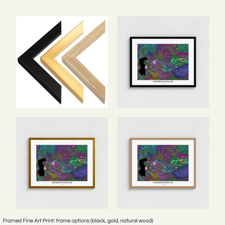 The image shows the different frames available at Grasshopper Geography's map shop: black, golden and natural wood. The image is a collection of four smaller pictures: the first one shows the wooden frames up close, the other three are mockups of the printed map in each frame.