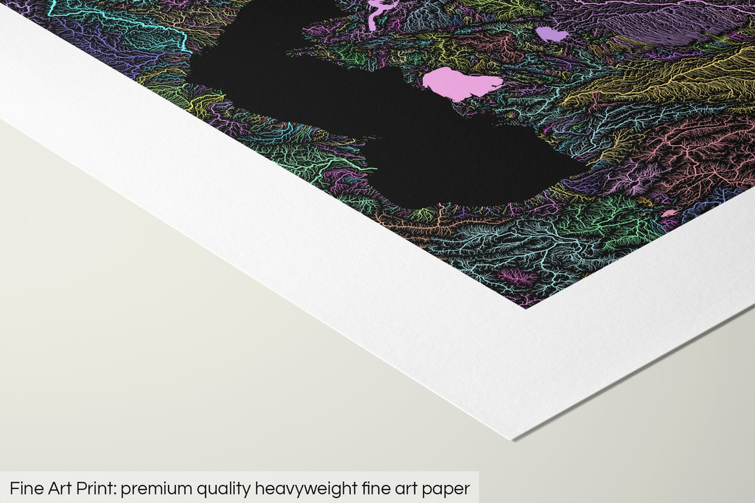 Closeup of a fine art print's corner lying on a flat surface, the details of a Grasshopper Geography map is visible. The text at the bottom reads: Fine art print - premium quality heavyweight fine art paper.