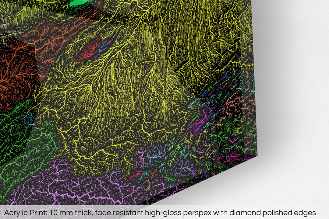 Closeup of an acrylic panel's corner, the details of a Grasshopper Geography map is visible. The text at the bottom reads: Acrylic print - 10 mm thick, fade reistant high-gloss perspex with diamond polished edges.