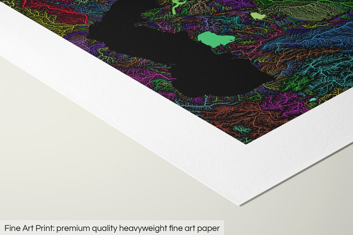 Closeup of a fine art print's corner lying on a flat surface, the details of a Grasshopper Geography map is visible. The text at the bottom reads: Fine art print - premium quality heavyweight fine art paper.