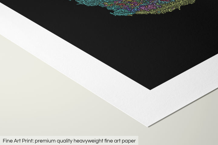 Closeup of a fine art print's corner lying on a flat surface, the details of a Grasshopper Geography map is visible. The text at the bottom reads: Fine art print - premium quality heavyweight fine art paper.