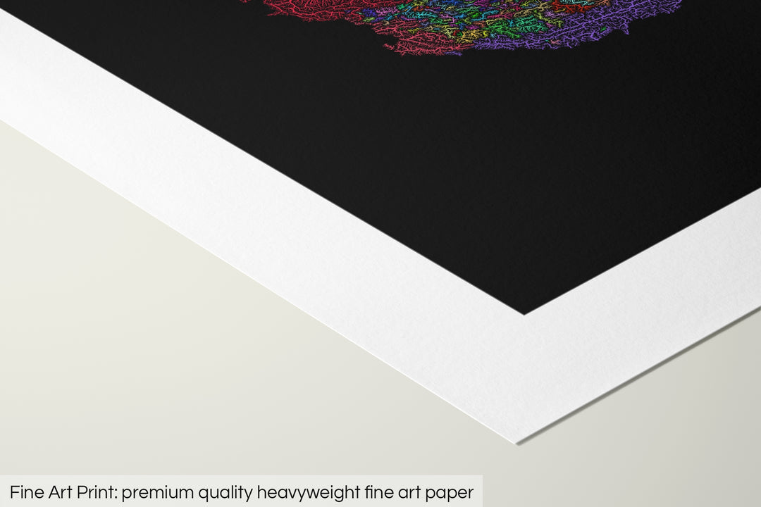 Closeup of a fine art print's corner lying on a flat surface, the details of a Grasshopper Geography map is visible. The text at the bottom reads: Fine art print - premium quality heavyweight fine art paper.