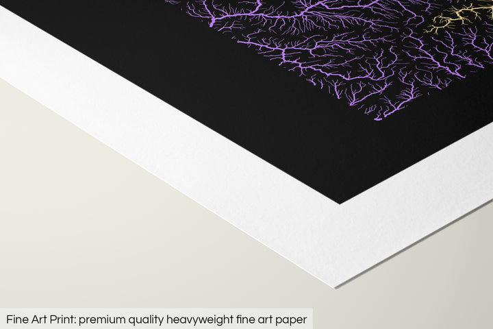 Closeup of a fine art print's corner lying on a flat surface, the details of a Grasshopper Geography map is visible. The text at the bottom reads: Fine art print - premium quality heavyweight fine art paper.