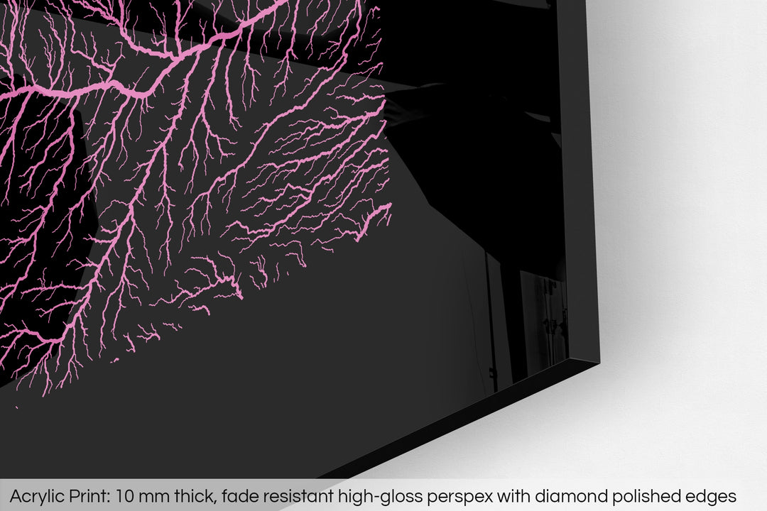 Closeup of an acrylic panel's corner, the details of a Grasshopper Geography map is visible. The text at the bottom reads: Acrylic print - 10 mm thick, fade reistant high-gloss perspex with diamond polished edges.