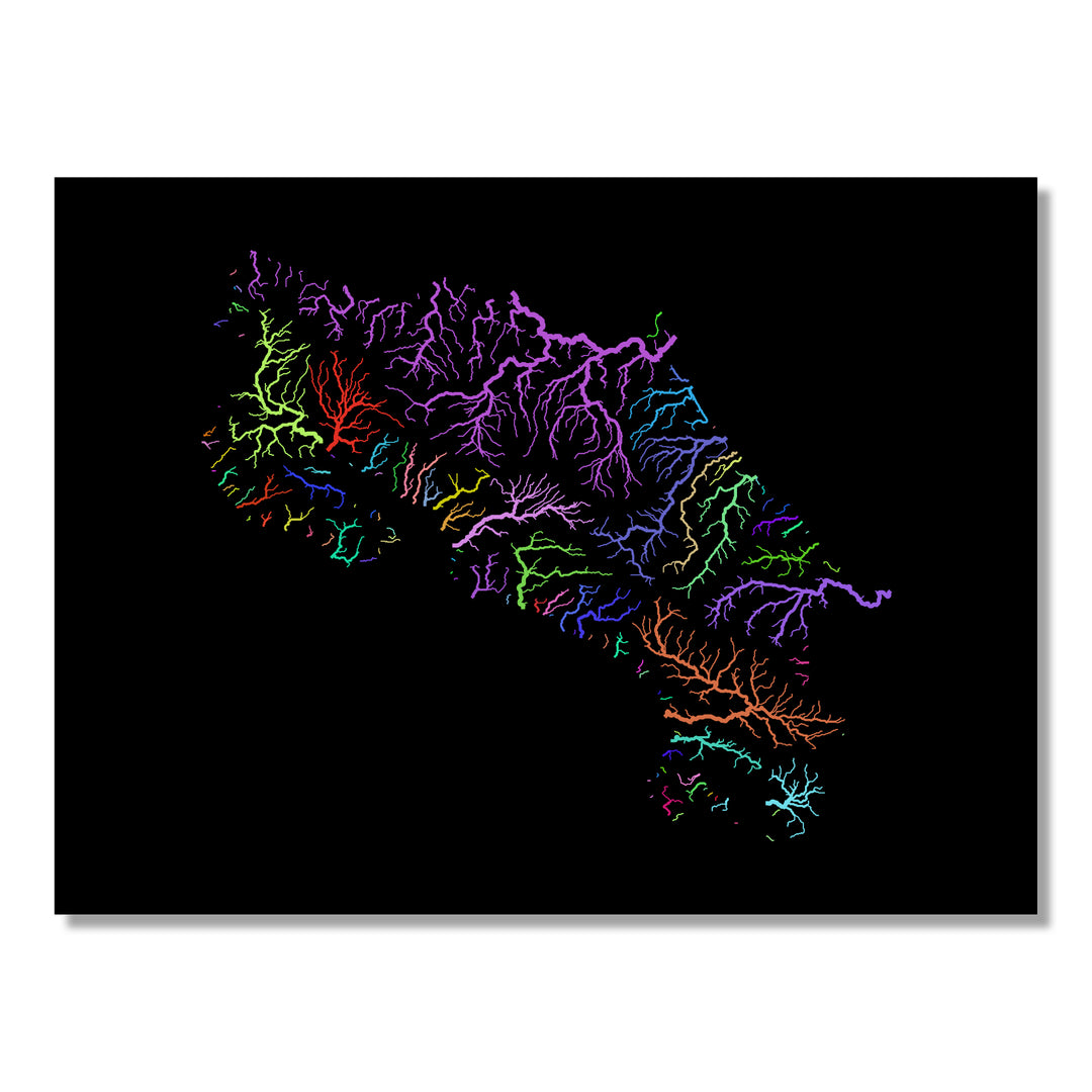 Costa Rica - River basin map, rainbow colours - Wall Art by Grasshopper Geography. Image of a high-resolution map created by geographer Robert Szucs, available as wall art and for licensing.