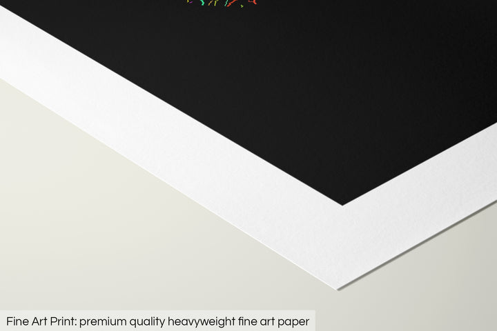 Closeup of a fine art print's corner lying on a flat surface, the details of a Grasshopper Geography map is visible. The text at the bottom reads: Fine art print - premium quality heavyweight fine art paper.