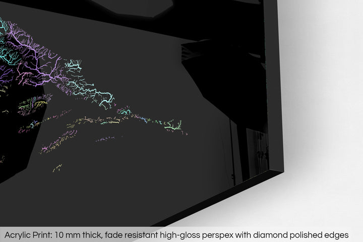 Closeup of an acrylic panel's corner, the details of a Grasshopper Geography map is visible. The text at the bottom reads: Acrylic print - 10 mm thick, fade reistant high-gloss perspex with diamond polished edges.