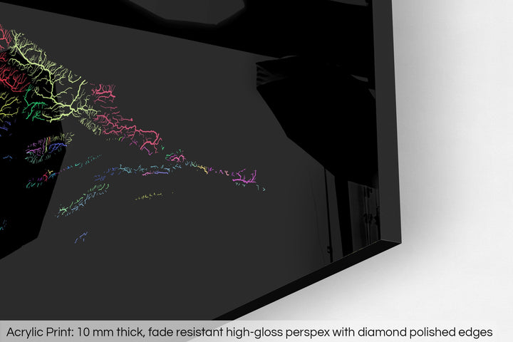 Closeup of an acrylic panel's corner, the details of a Grasshopper Geography map is visible. The text at the bottom reads: Acrylic print - 10 mm thick, fade reistant high-gloss perspex with diamond polished edges.