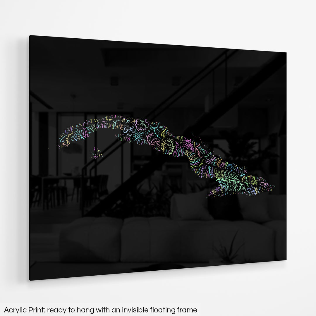 A colourful Grasshopper Geography map hanging on a white wall. The text at the bottom reads: Acrylic print - ready to hang with an invisible floating frame.