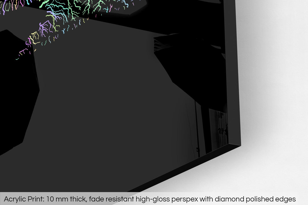 Closeup of an acrylic panel's corner, the details of a Grasshopper Geography map is visible. The text at the bottom reads: Acrylic print - 10 mm thick, fade reistant high-gloss perspex with diamond polished edges.