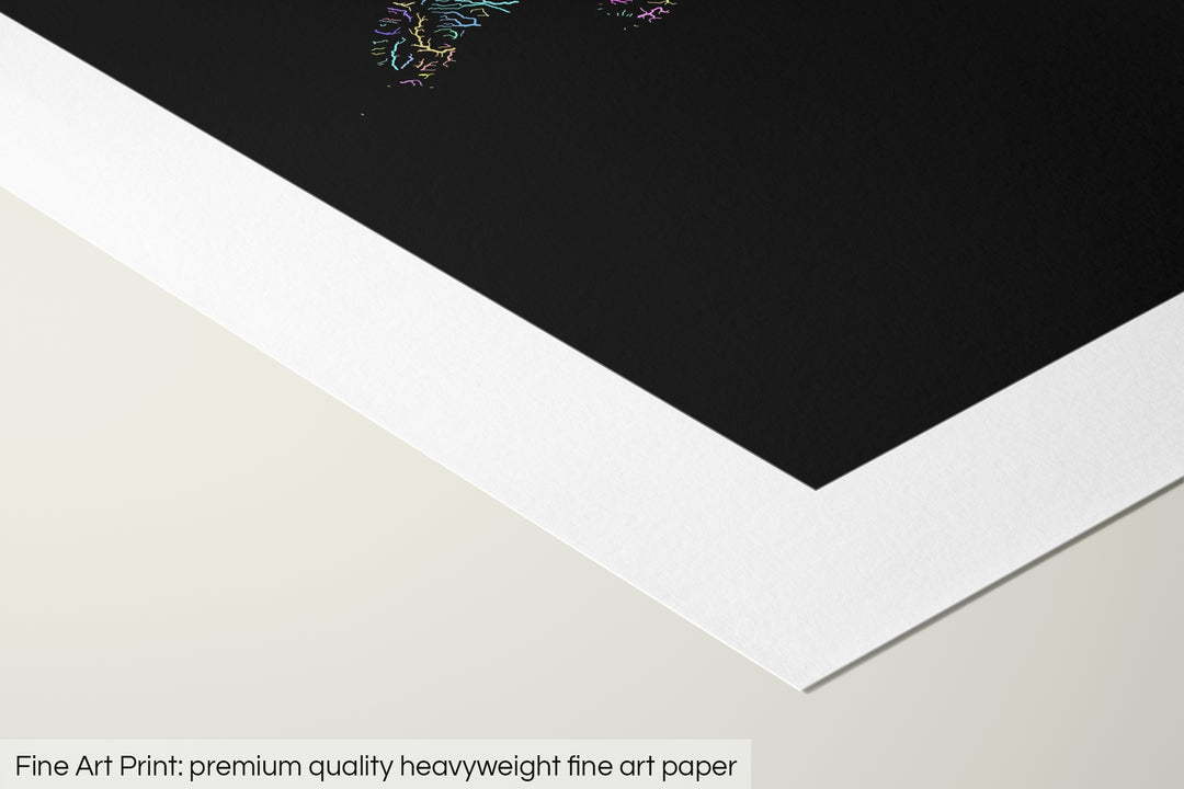 Closeup of a fine art print's corner lying on a flat surface, the details of a Grasshopper Geography map is visible. The text at the bottom reads: Fine art print - premium quality heavyweight fine art paper.