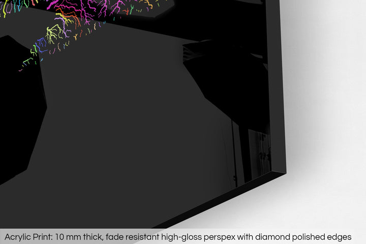 Closeup of an acrylic panel's corner, the details of a Grasshopper Geography map is visible. The text at the bottom reads: Acrylic print - 10 mm thick, fade reistant high-gloss perspex with diamond polished edges.