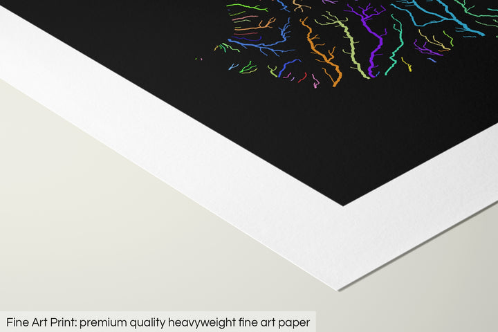 Closeup of a fine art print's corner lying on a flat surface, the details of a Grasshopper Geography map is visible. The text at the bottom reads: Fine art print - premium quality heavyweight fine art paper.