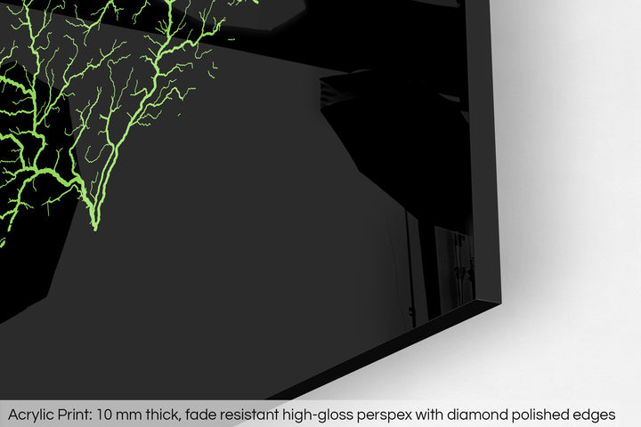 Closeup of an acrylic panel's corner, the details of a Grasshopper Geography map is visible. The text at the bottom reads: Acrylic print - 10 mm thick, fade reistant high-gloss perspex with diamond polished edges.