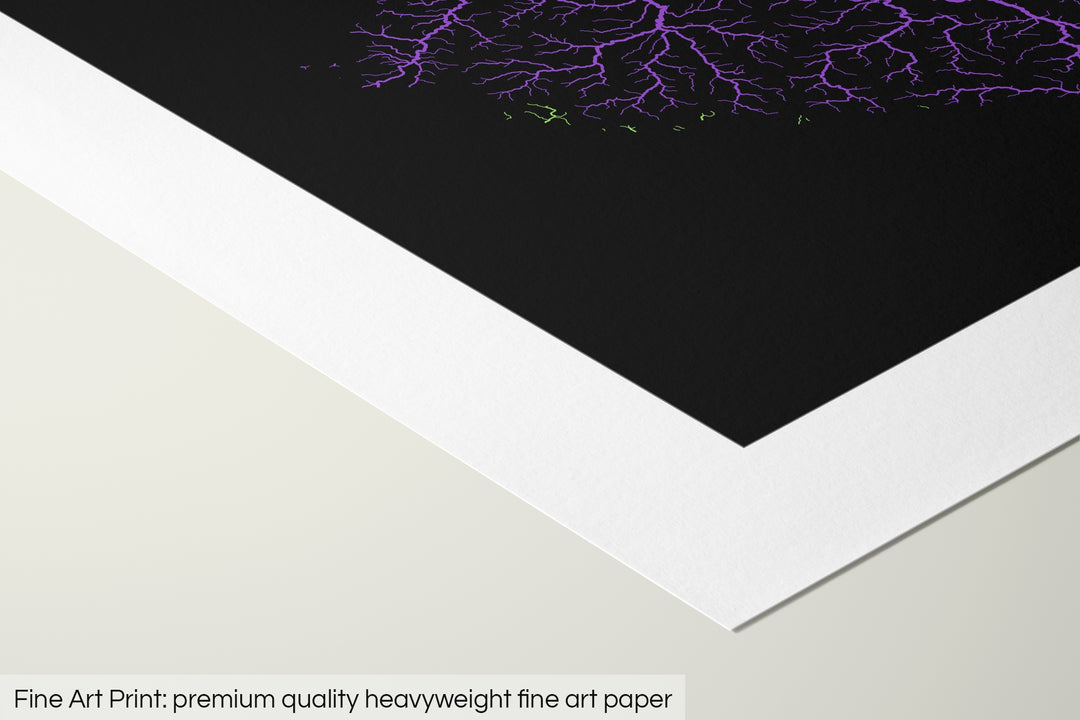 Closeup of a fine art print's corner lying on a flat surface, the details of a Grasshopper Geography map is visible. The text at the bottom reads: Fine art print - premium quality heavyweight fine art paper.