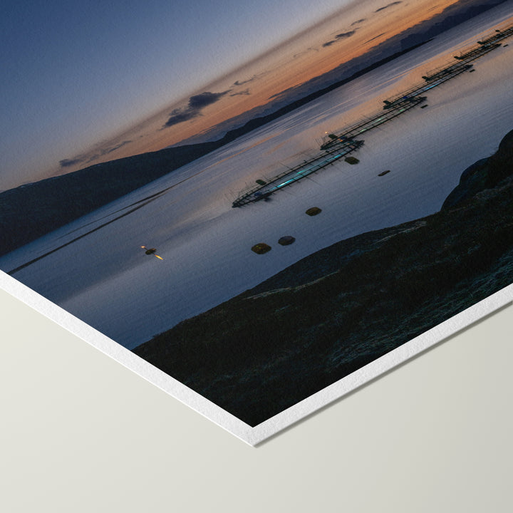 Sunset over the fish pens with a crescent moon I - Hahnemühle Photo Rag Print