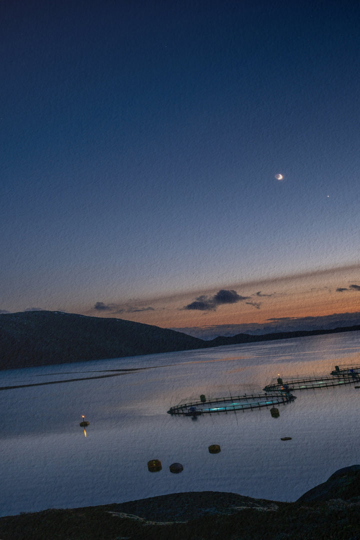 Sunset over the fish pens with a crescent moon I - Hahnemühle Photo Rag Print