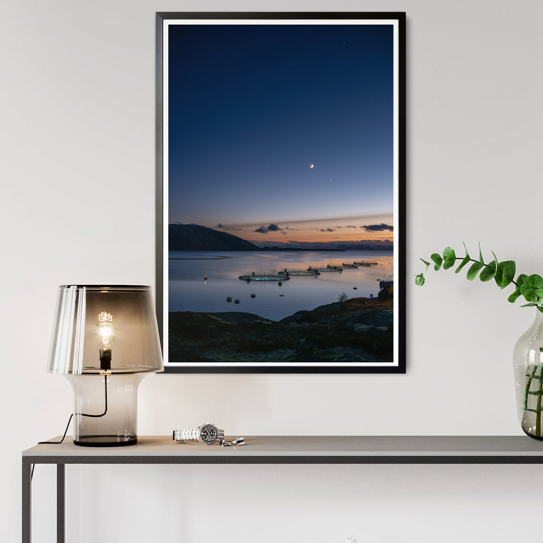 Sunset over the fish pens with a crescent moon I - Hahnemühle Photo Rag Print