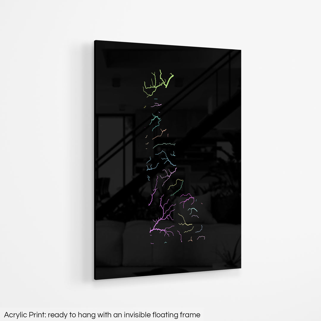 A colourful Grasshopper Geography map hanging on a white wall. The text at the bottom reads: Acrylic print - ready to hang with an invisible floating frame.