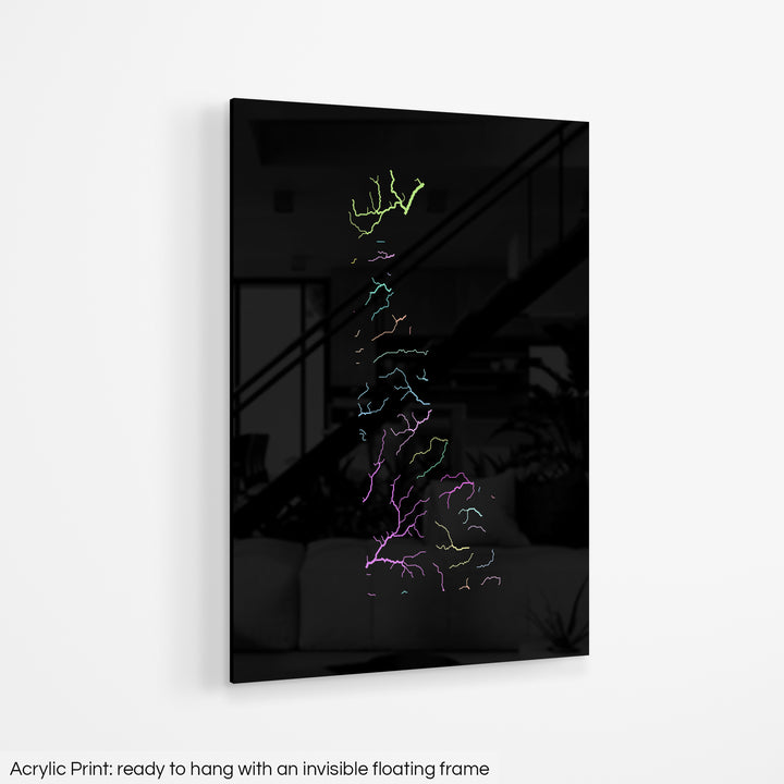 A colourful Grasshopper Geography map hanging on a white wall. The text at the bottom reads: Acrylic print - ready to hang with an invisible floating frame.