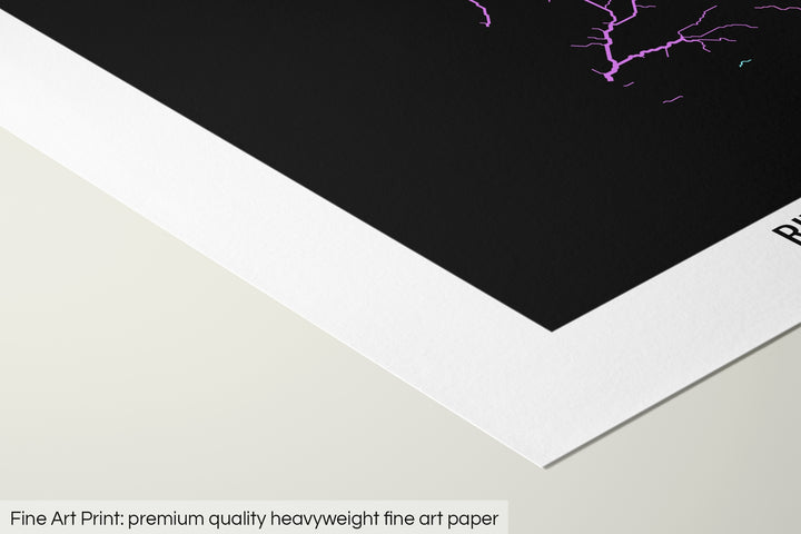 Closeup of a fine art print's corner lying on a flat surface, the details of a Grasshopper Geography map is visible. The text at the bottom reads: Fine art print - premium quality heavyweight fine art paper.