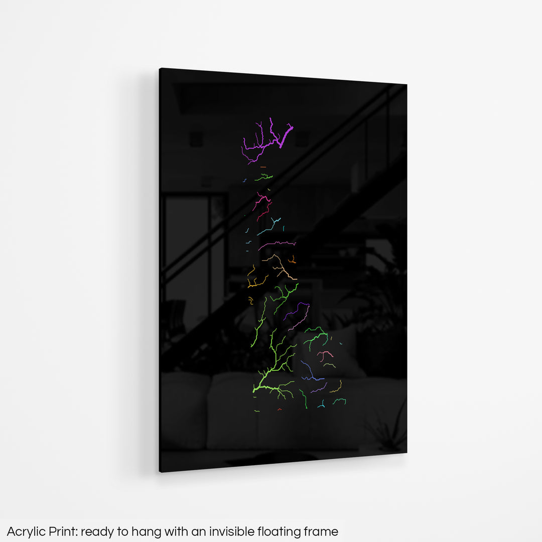 A colourful Grasshopper Geography map hanging on a white wall. The text at the bottom reads: Acrylic print - ready to hang with an invisible floating frame.