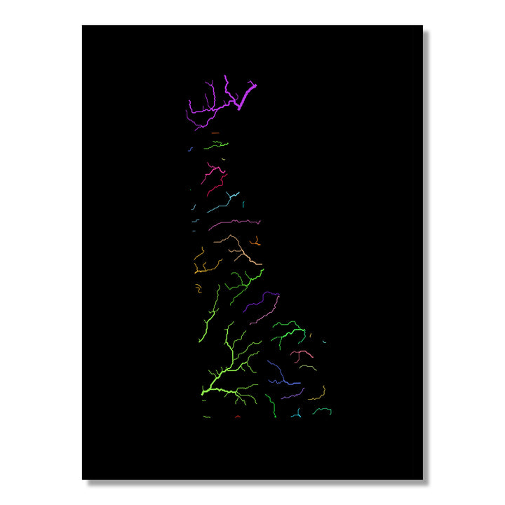 Delaware - River basin map, rainbow colours - Wall Art by Grasshopper Geography. Image of a high-resolution map created by geographer Robert Szucs, available as wall art and for licensing.