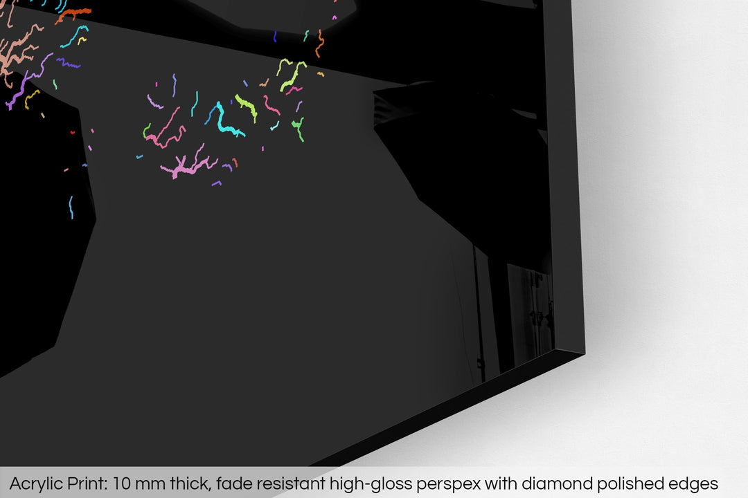 Closeup of an acrylic panel's corner, the details of a Grasshopper Geography map is visible. The text at the bottom reads: Acrylic print - 10 mm thick, fade reistant high-gloss perspex with diamond polished edges.