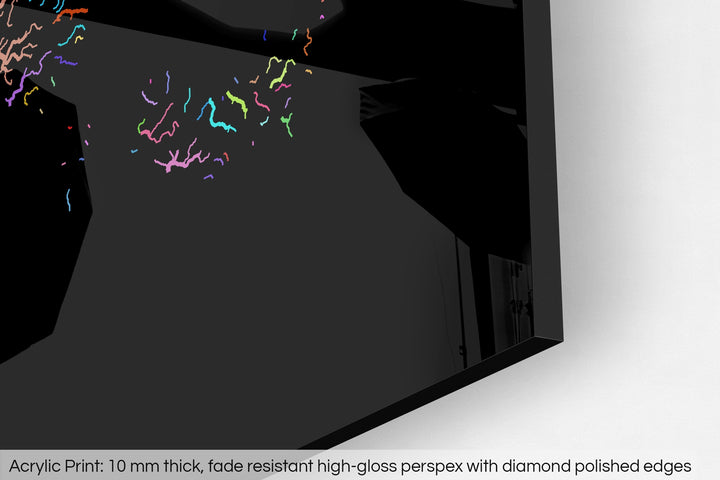Closeup of an acrylic panel's corner, the details of a Grasshopper Geography map is visible. The text at the bottom reads: Acrylic print - 10 mm thick, fade reistant high-gloss perspex with diamond polished edges.