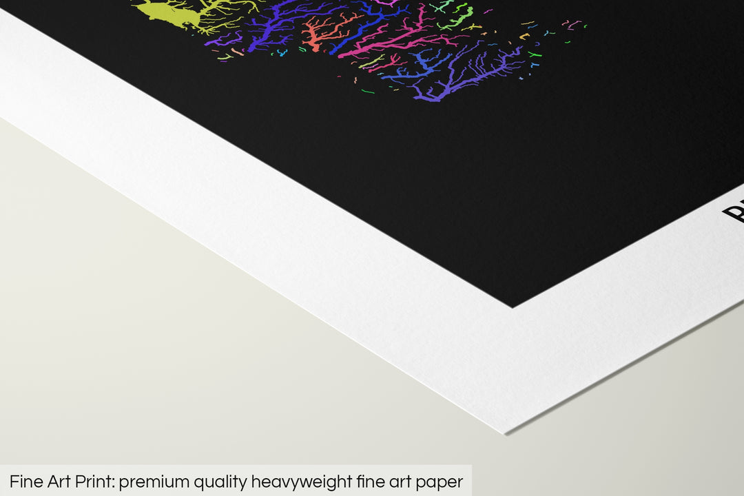 Closeup of a fine art print's corner lying on a flat surface, the details of a Grasshopper Geography map is visible. The text at the bottom reads: Fine art print - premium quality heavyweight fine art paper.