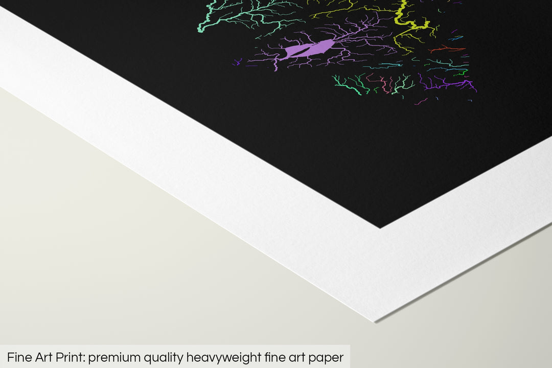 Closeup of a fine art print's corner lying on a flat surface, the details of a Grasshopper Geography map is visible. The text at the bottom reads: Fine art print - premium quality heavyweight fine art paper.