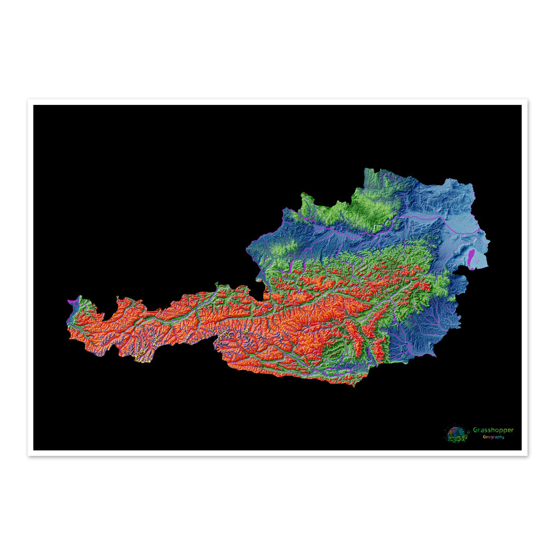 Áustria - Mapa de elevação, preto - Impressão de belas artes