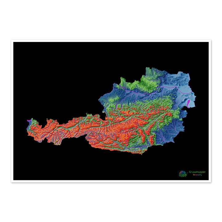 Áustria - Mapa de elevação, preto - Impressão de belas artes
