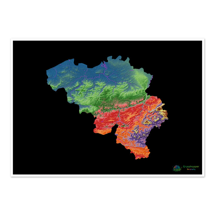 Bélgica - Mapa de elevação, preto - Impressão de belas artes