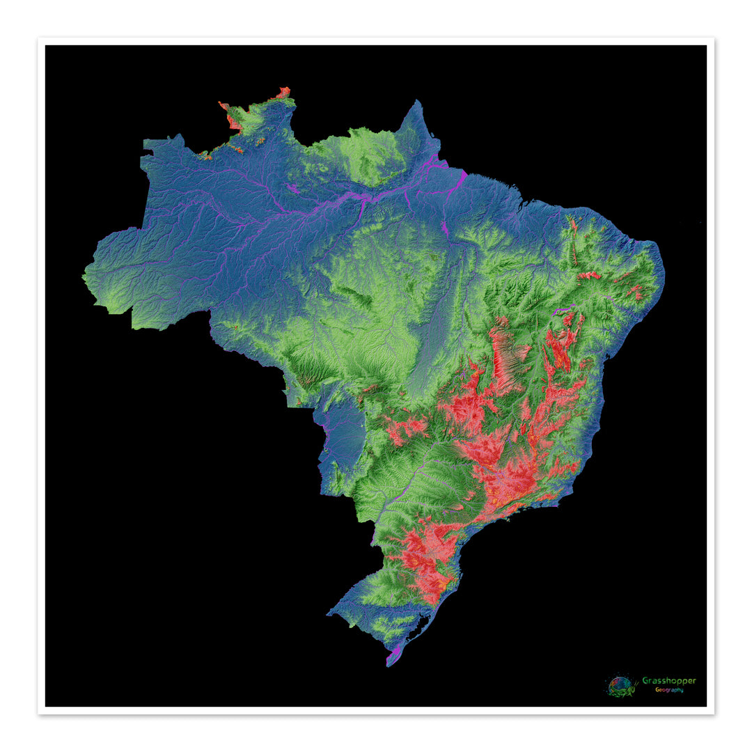 Brasil - Mapa de elevação, preto - Impressão de belas artes
