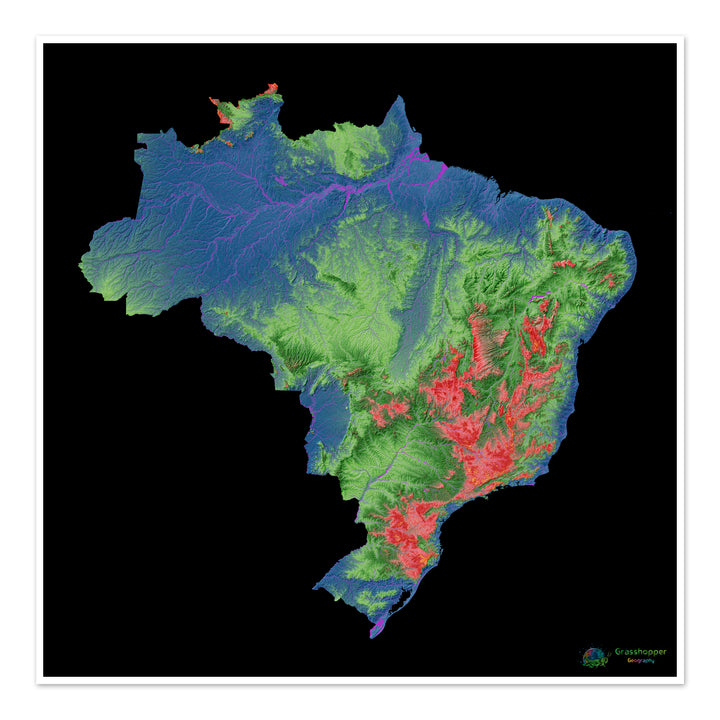 Brasil - Mapa de elevação, preto - Impressão de belas artes
