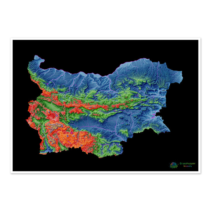 Bulgária - Mapa de elevação, preto - Impressão de belas artes