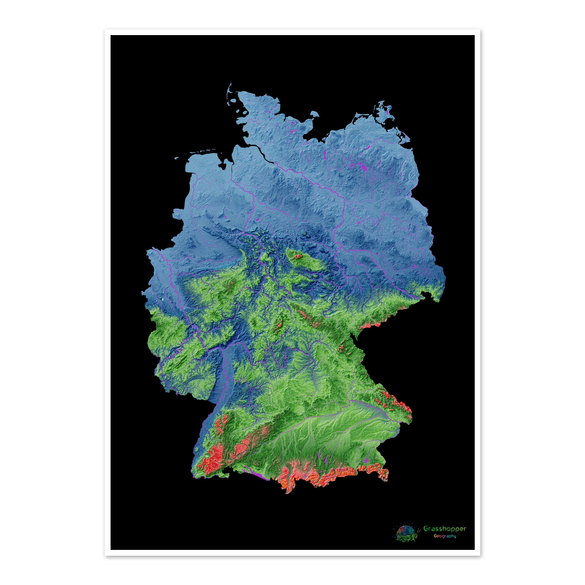 Germany - Elevation map, black - Fine Art Print – Grasshopper Geography