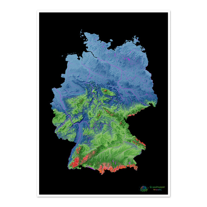 Alemanha - Mapa de elevação, preto - Impressão de belas artes