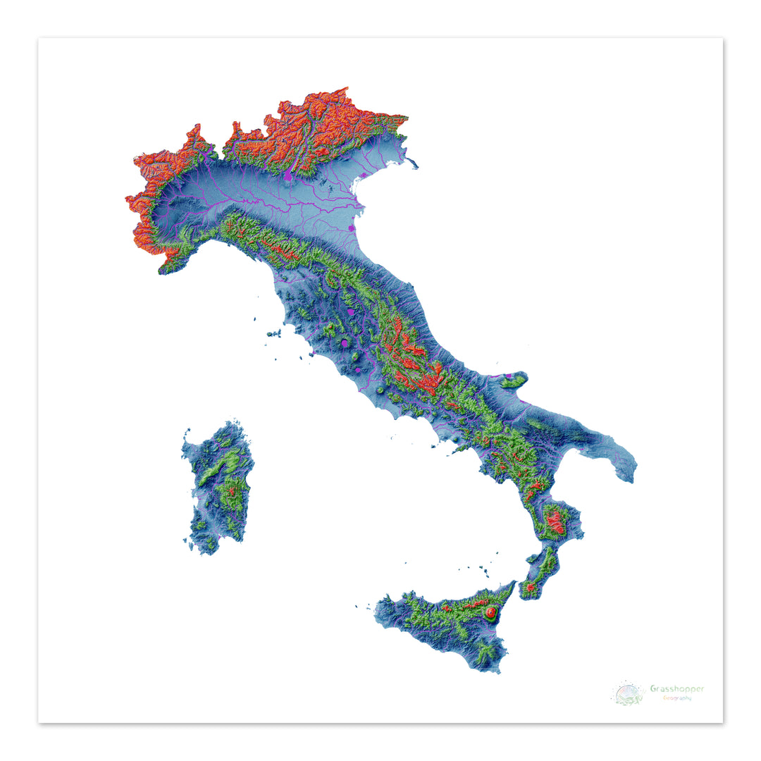 Italia - Mapa de elevación, blanco - Impresión de Bellas Artes