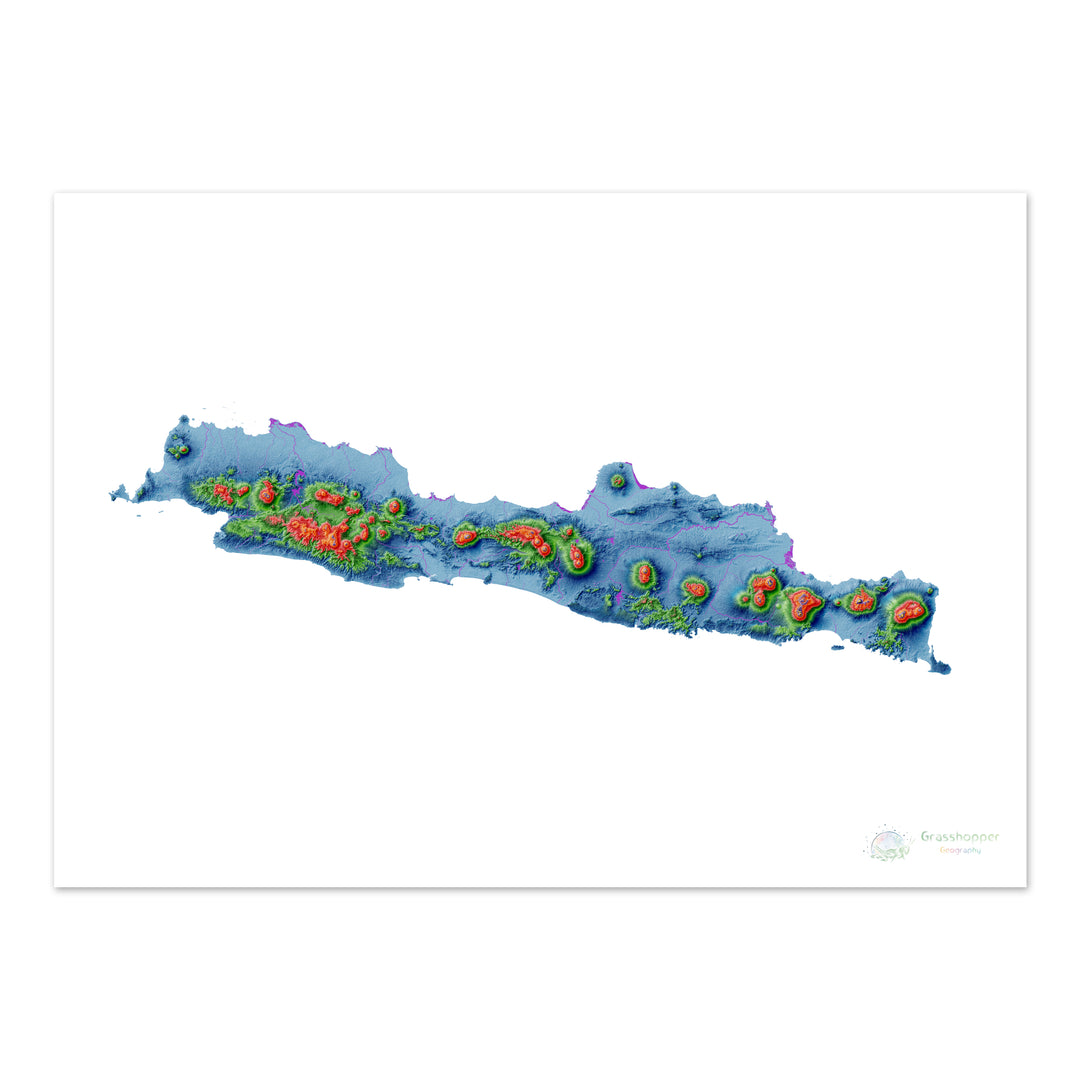 Java - Mapa de elevación, blanco - Impresión de Bellas Artes