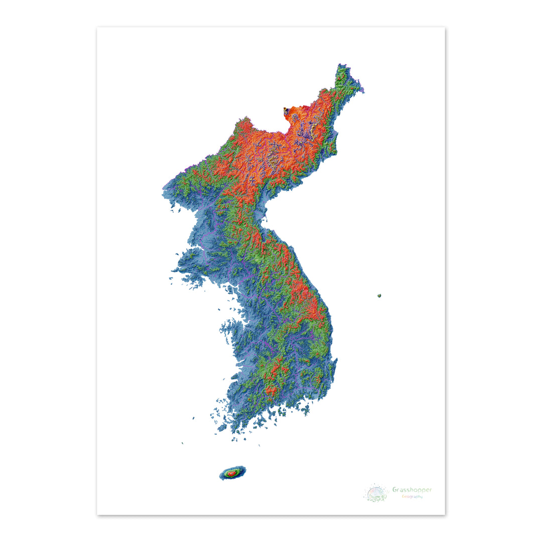 Corea - Mapa de elevación, blanco - Impresión de Bellas Artes