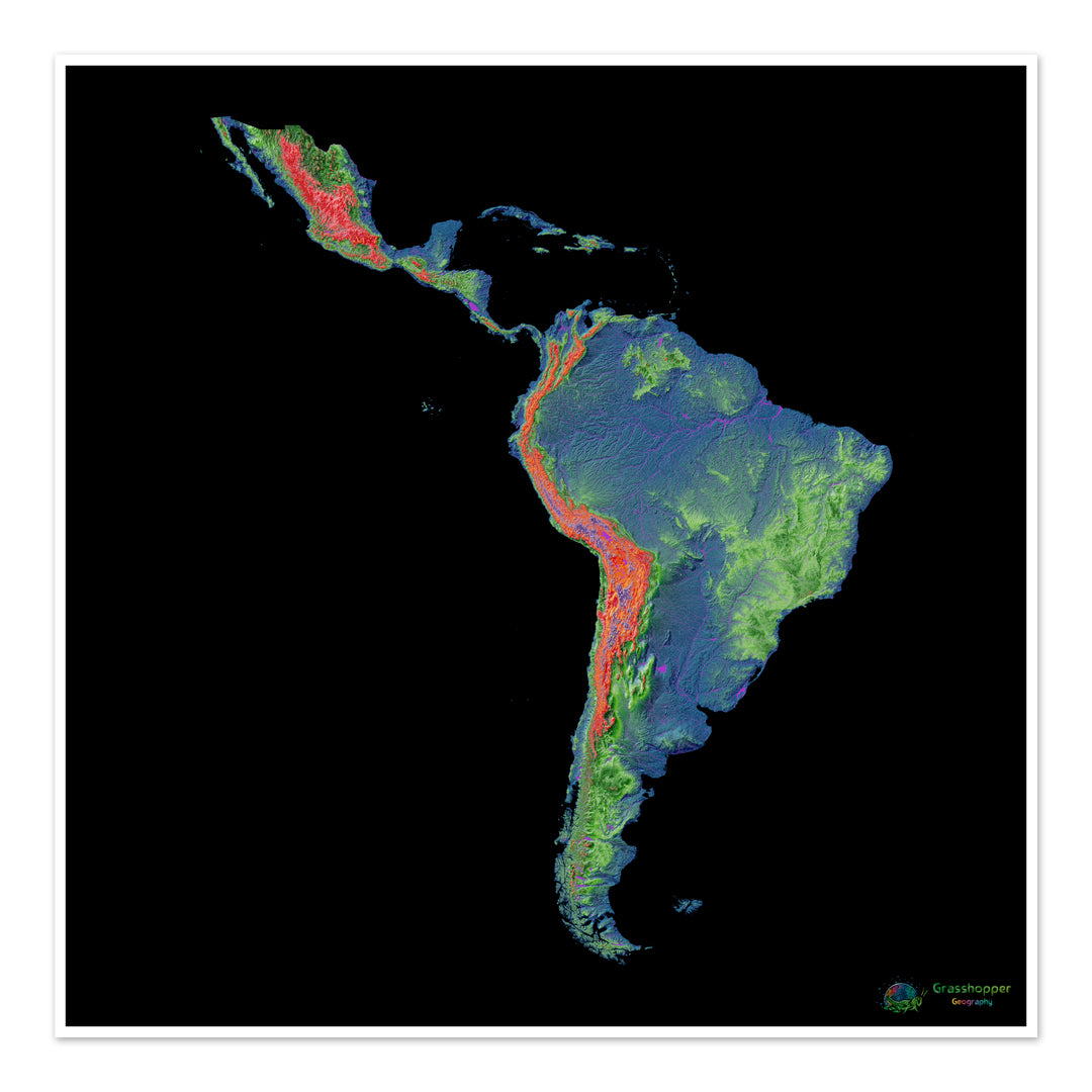 América Latina - Mapa de elevación, negro - Impresión de Bellas Artes