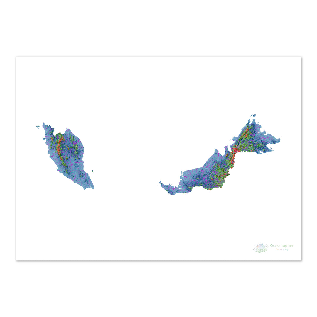 Малайзия - Карта высот, белая - Fine Art Print