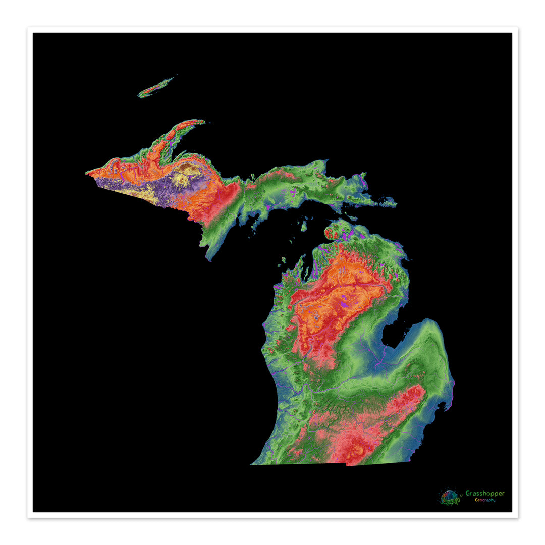 Michigan - Mapa de elevação, preto - Impressão de belas artes