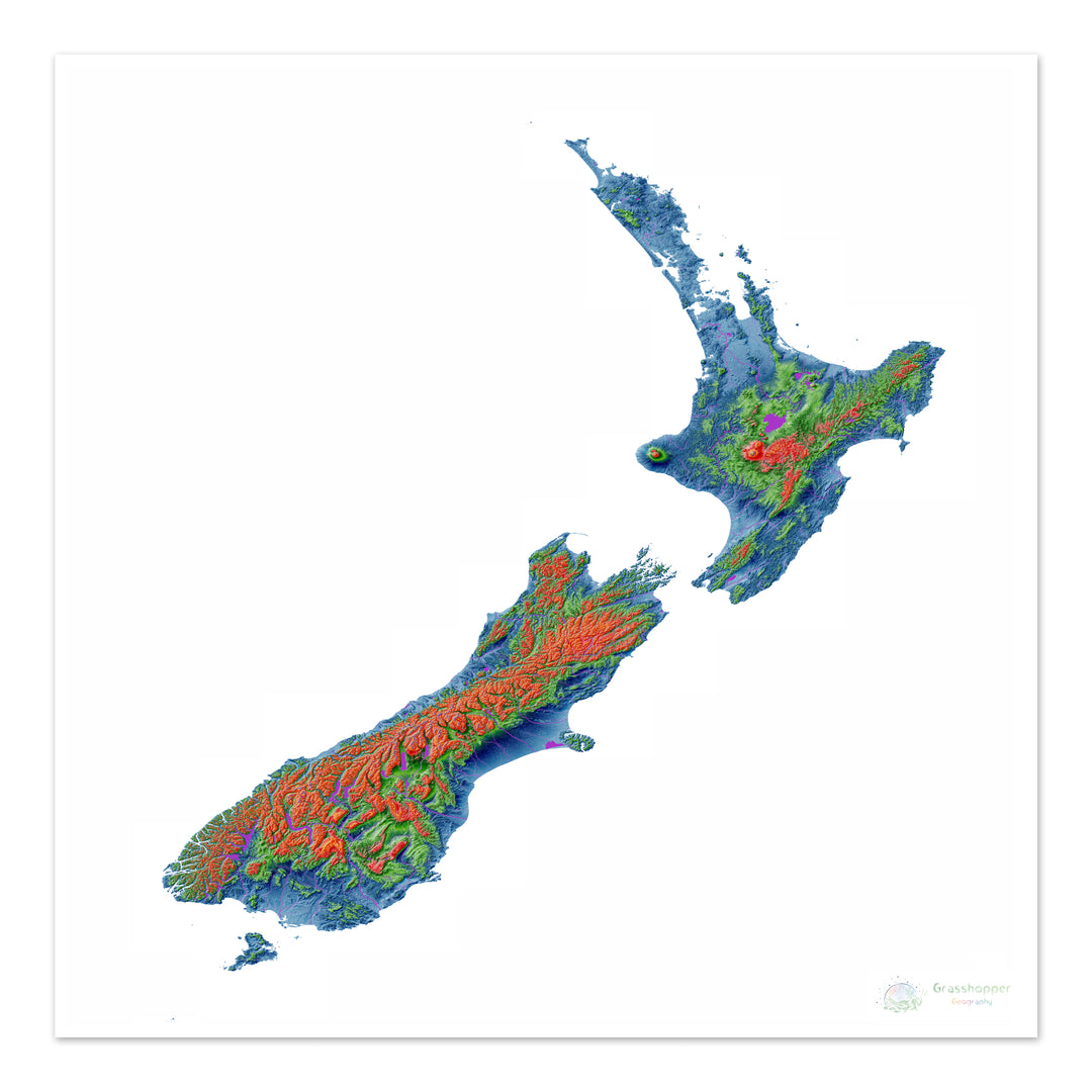 Nueva Zelanda - Mapa de elevación, blanco - Impresión de Bellas Artes